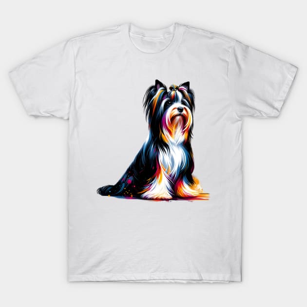 Elegant Biewer Terrier in Colorful Splash Art Style T-Shirt by ArtRUs